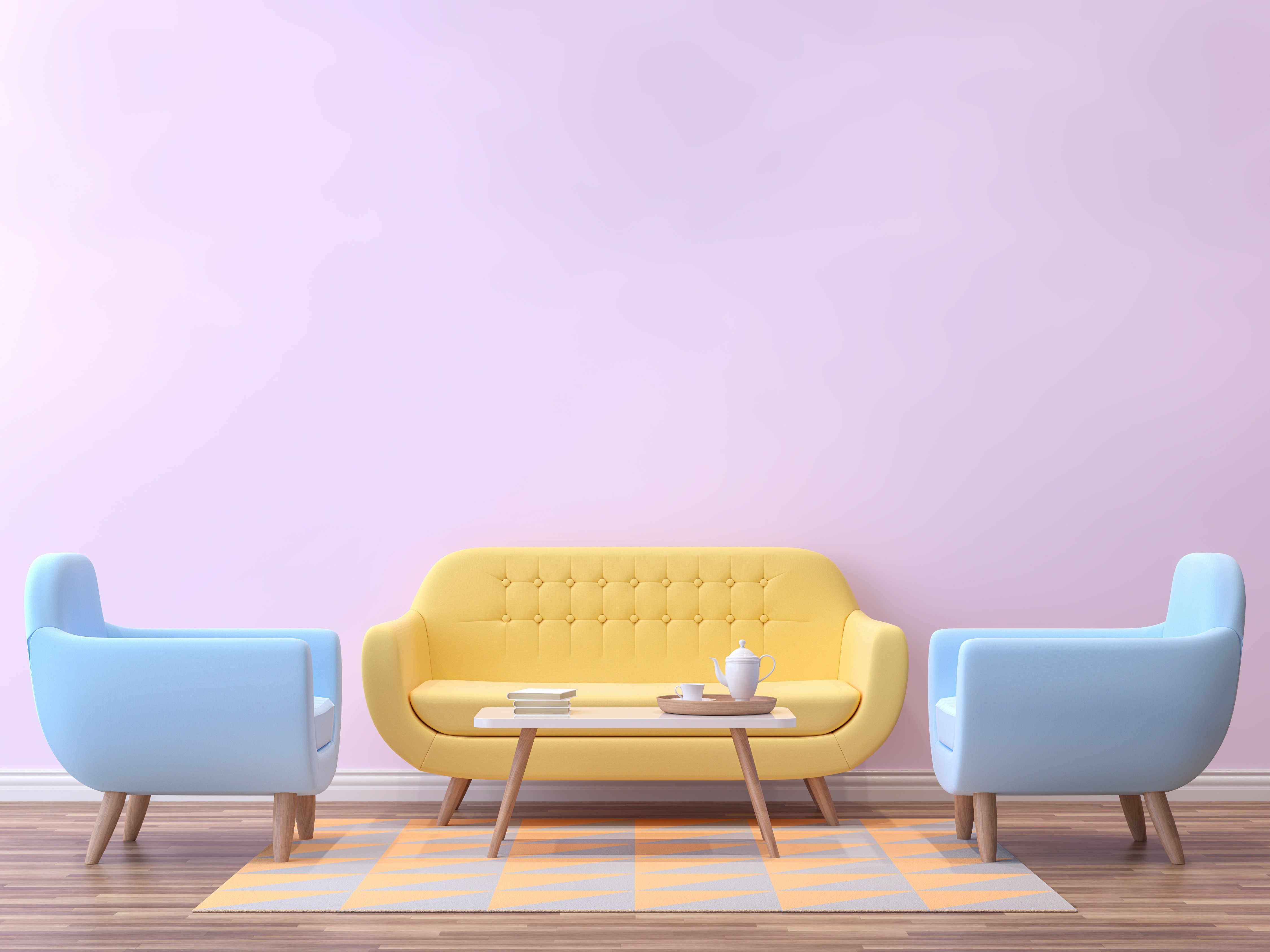 Pastel-yellow-couch-and-two-blue-armchairs-with-small-table