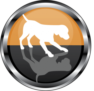 Negative space image of a dog on an orange and black circle