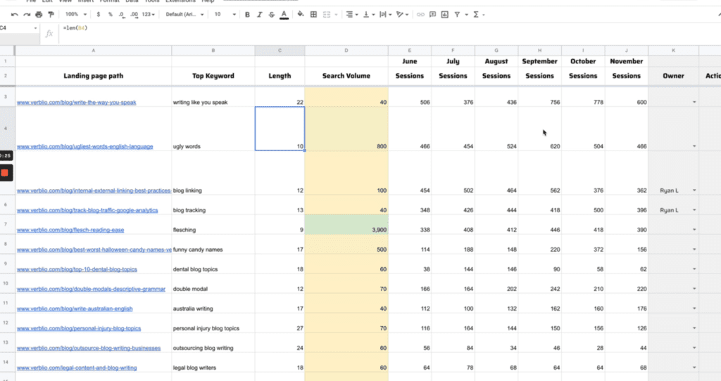 example of spreadsheet showing data analyzing content refreshes